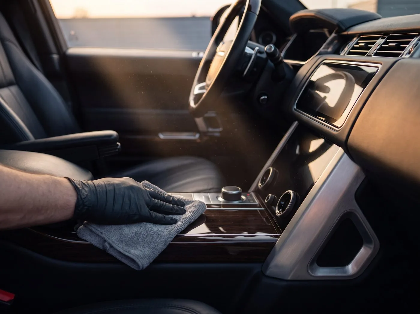 Microfiber cloth wiping a clean car dashboard and center console