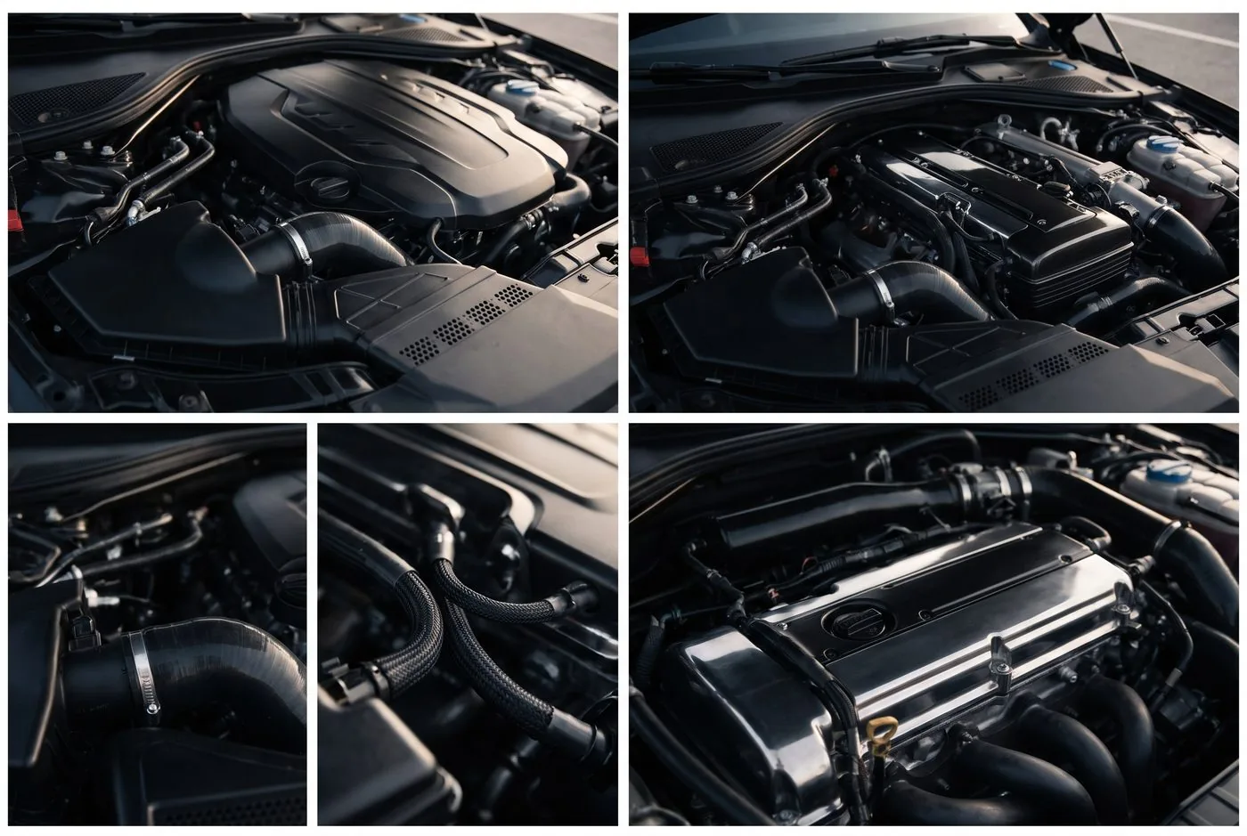 Freshly detailed engine bay with clean dressed plastics and hoses