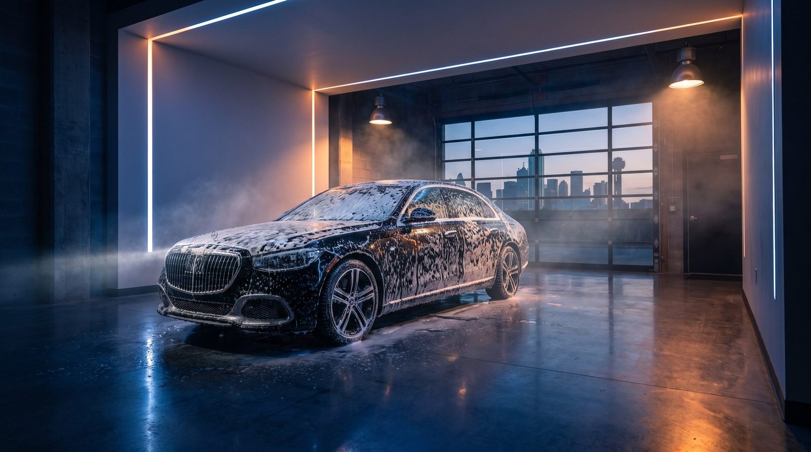 Black luxury sedan being hand-washed with thick foam inside a modern Dallas detailing studio at dusk