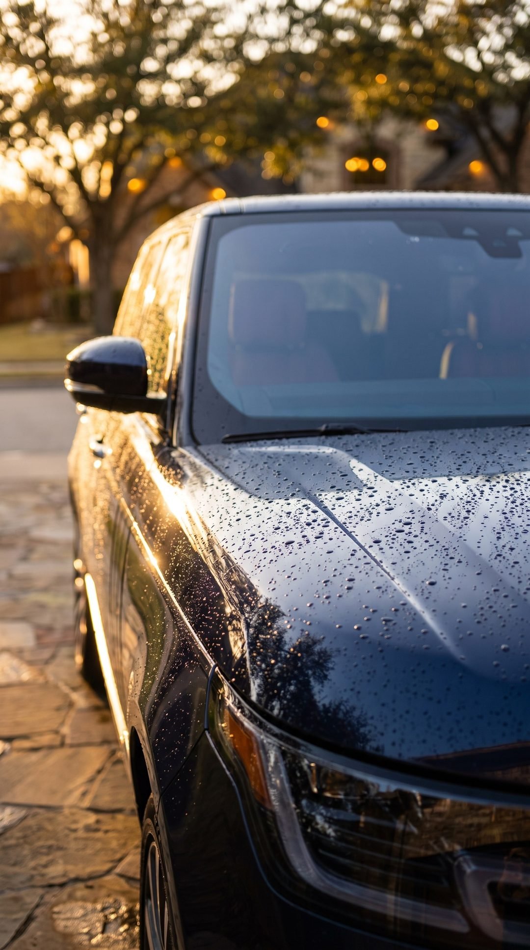 Navy luxury SUV with water beading on freshly ceramic-coated paint at golden hour