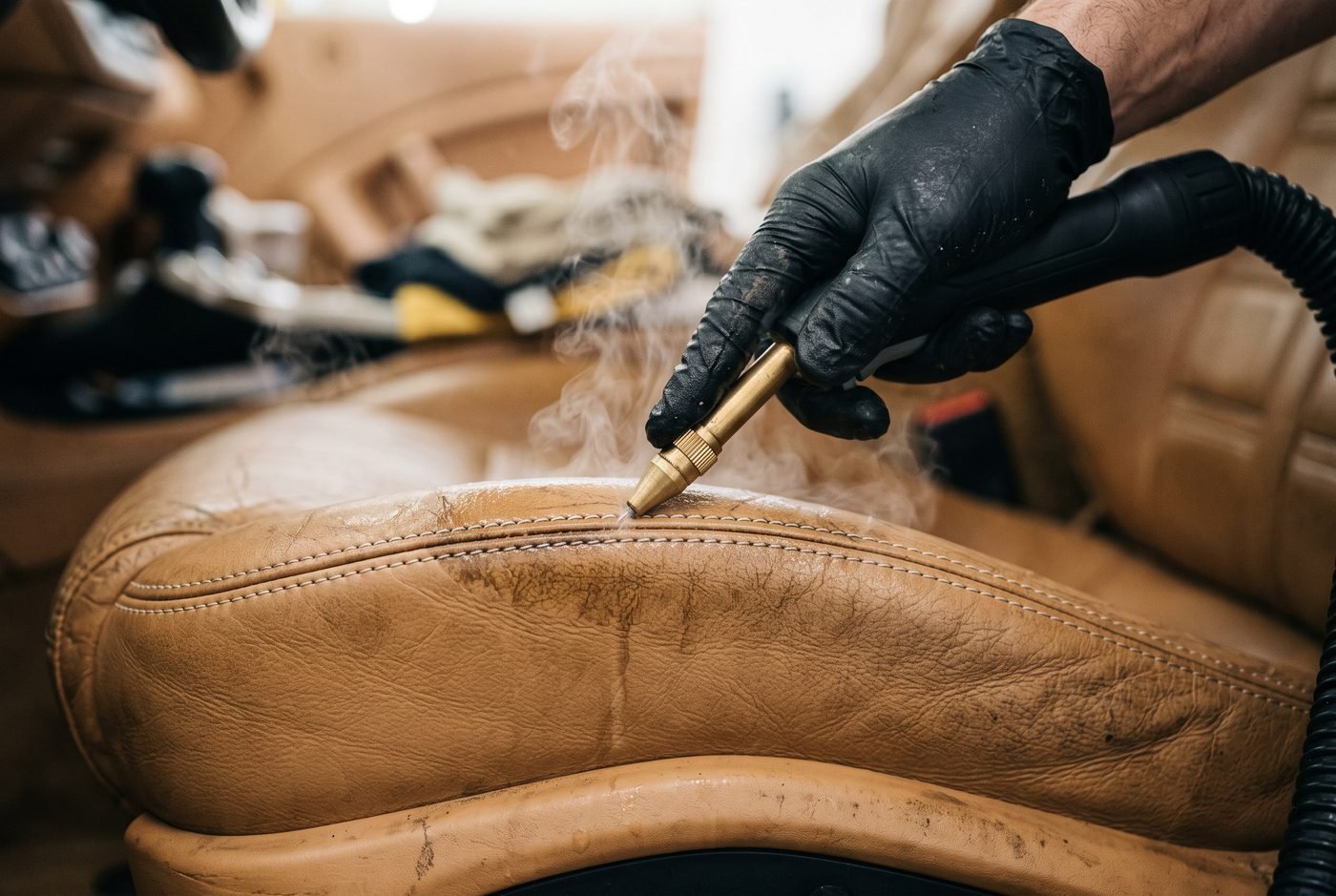 Gloved hands steam-cleaning tan leather car seat stitching