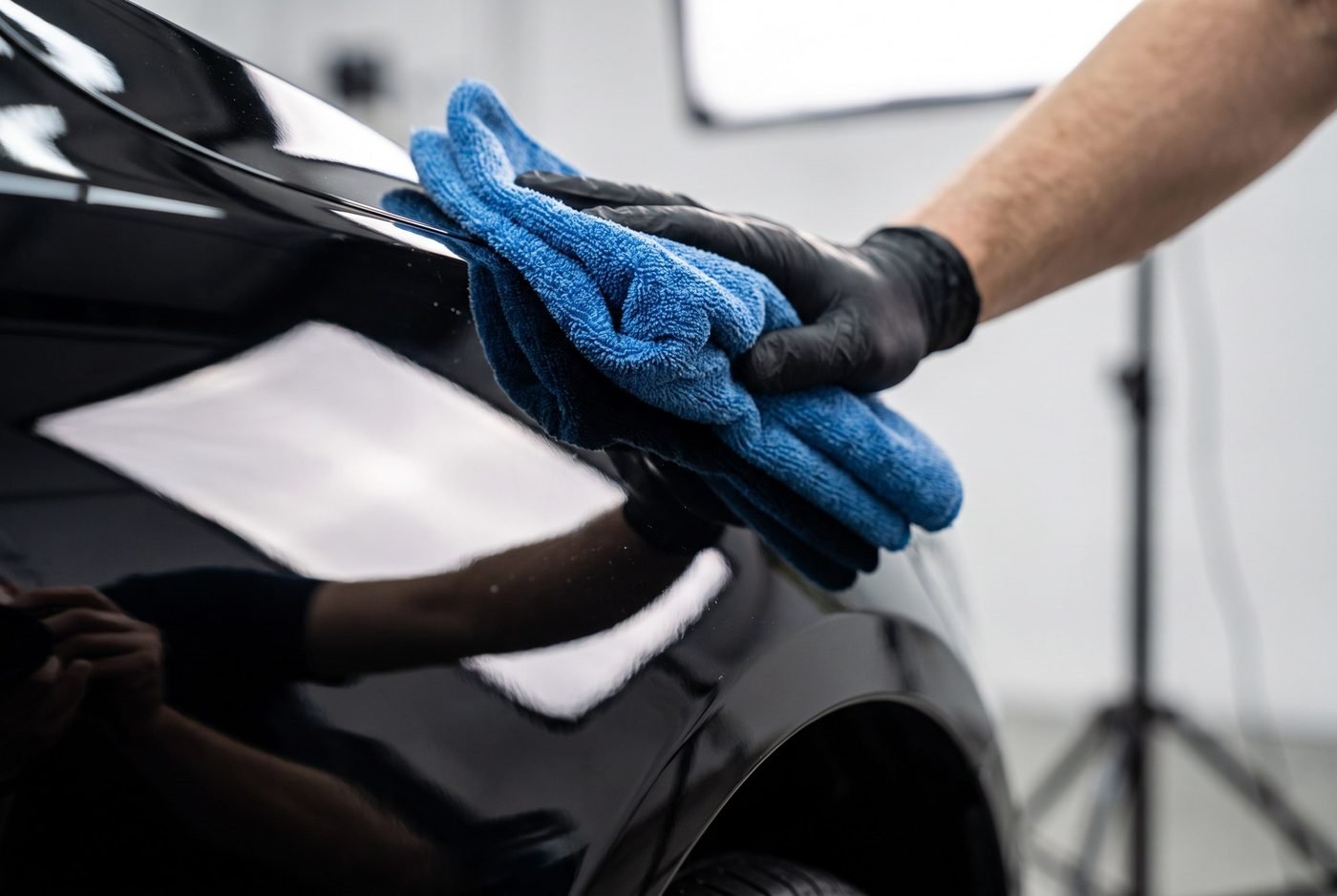Hand with blue microfiber towel buffing a glossy black car fender