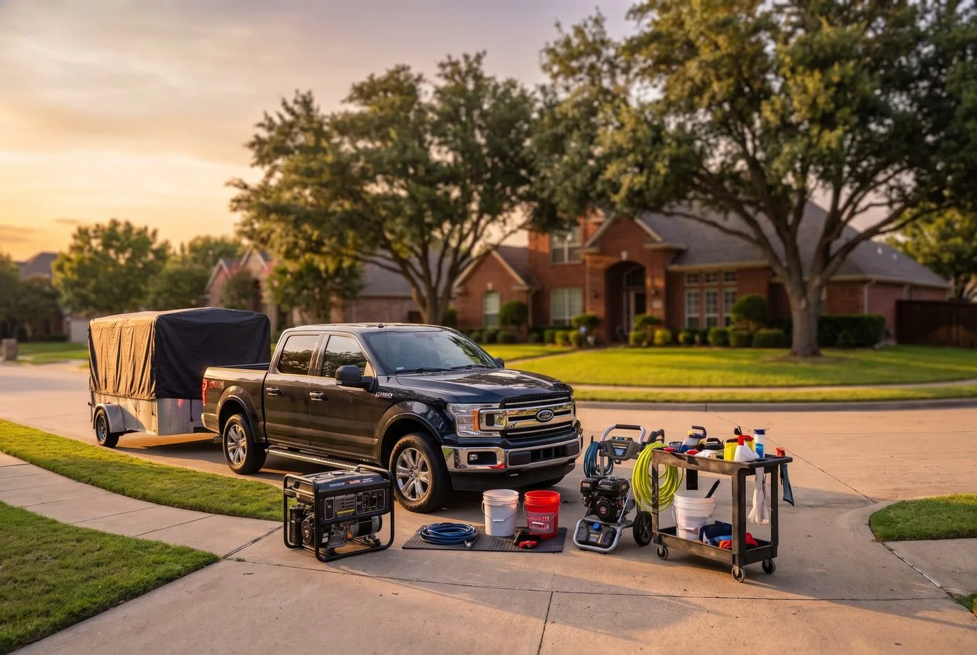 Mobile auto detailing setup with pressure washer parked in a Dallas suburban driveway