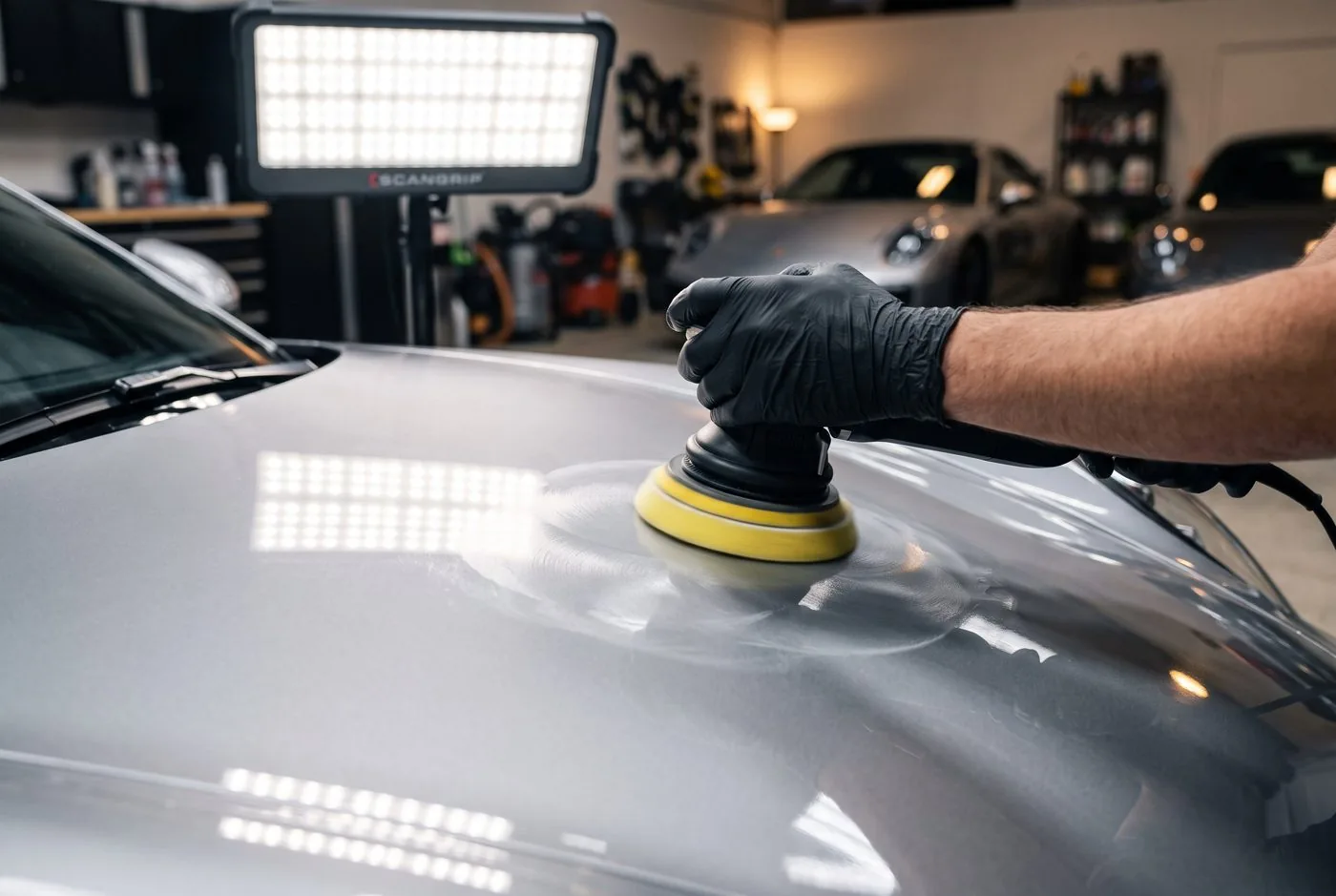 Dual-action polisher on a silver car hood under bright paint-inspection lighting